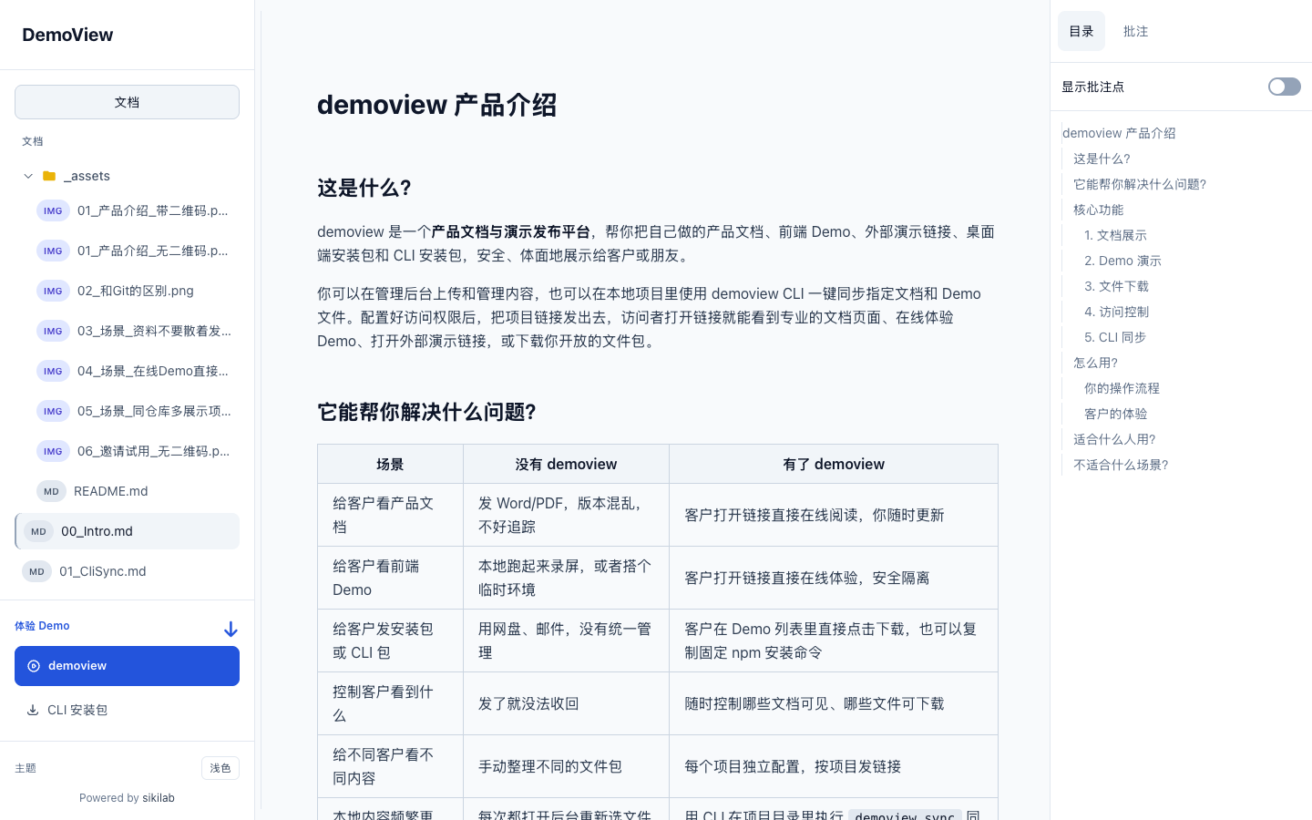 DemoView 实际界面：左侧切换文档和 Demo，中间阅读正文，右侧定位目录